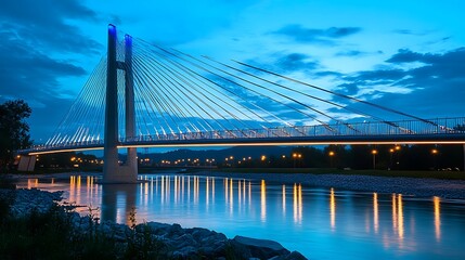 Obraz premium Illuminated cable-stayed bridge over river at dusk.