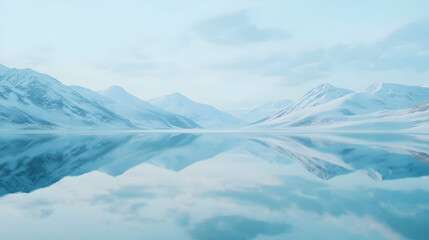 Fototapeta premium Serene winter landscape with snow-covered mountains reflecting in calm water.
