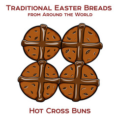 Hot cross buns are spiced sweet buns made with currants or raisins, marked with a cross on the top, and traditionally eaten on Good Friday.