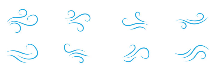Wind set of vector icons. Blue wind lines. Blowing wind vector icon. Simple wind vector icon. 