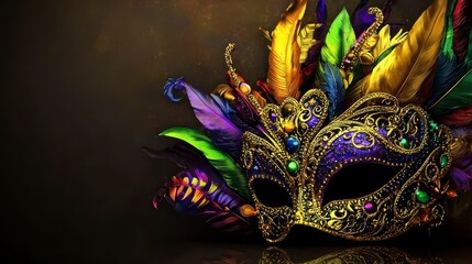 Mardi Gras celebration excitement concept. A colorful, ornate mask adorned with feathers and jewels, symbolizing celebration and mystery, set against a dark background.