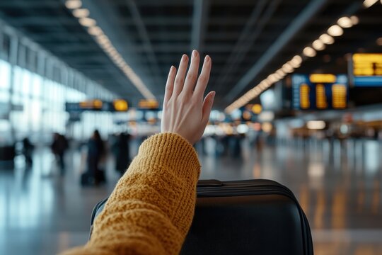 A person waves goodbye in an airport, capturing a bittersweet moment of departure surrounded by travelers and departure screens in a busy terminal.