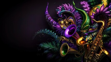 Mardi Gras celebration excitement concept. A vibrant arrangement of colorful musical instruments intertwined with decorative elements, set against a dark backdrop.