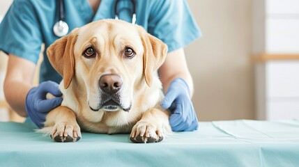 Veterinarians recommend dog treats after vaccines. A veterinarian examines a Labrador dog on a table, showcasing compassion and care in a clinical setting.