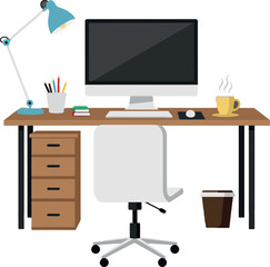 Simple workspace design featuring desk lamp, monitor, and chair vector illustration