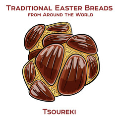 Tsoureki is a sweet, braided Greek Easter bread flavored with orange zest, mahlab, and mastic, traditionally decorated with red-dyed eggs and enjoyed during holiday celebrations.