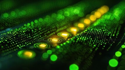 Abstract digital network, glowing green and gold, data stream background
