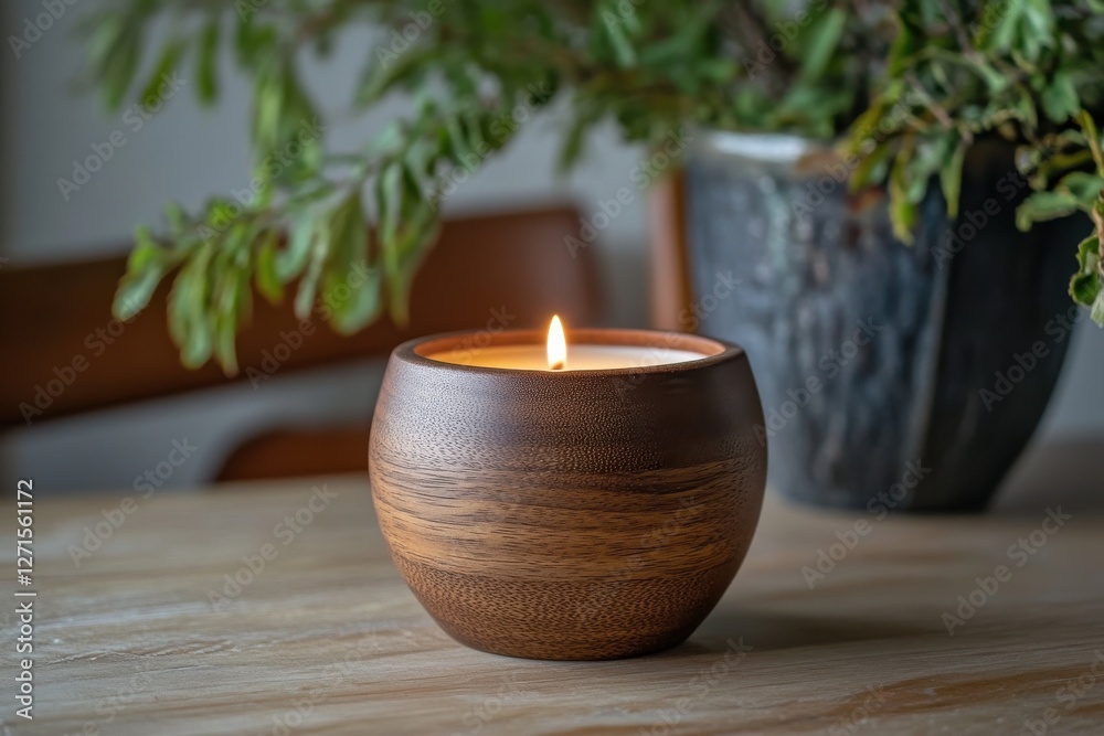 Poster cozy atmosphere with a wooden candle and potted plant on a rustic table in a warm indoor setting