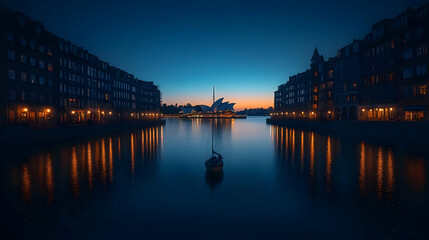 Obraz premium Serene twilight view of a harbor with reflections and illuminated buildings.
