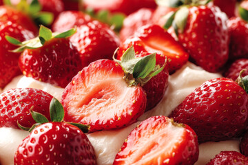 Fresh ripe strawberries on creamy dessert surface for summer sweet indulgence concept