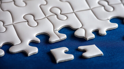 Obraz premium The Missing Element: Unlocking Success. A white puzzle with a missing piece showcases the importance of solutions, teamwork, and innovation in solving complex challenges