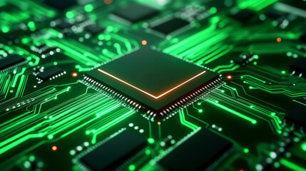 Close up of glowing green circuit board with microchip and complex electronic pathways