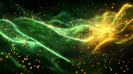 Abstract digital waves of gold and green particles on black background