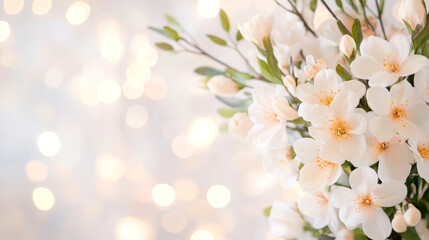 Fototapeta premium Delicate white blossoms in soft focus floral bouquet with bokeh background for serene and elegant nature concept