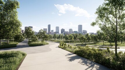 Fototapeta premium Urban Park Landscape with City Skyline on a Sunny Day