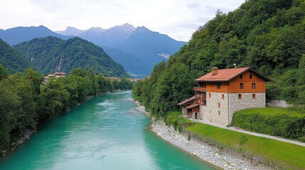 Fototapeta premium Scenic Mountain River with Charming House Surrounded by Nature