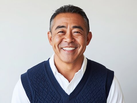 Middle-aged Asian man in blue sweater vest and white shirt, smiling confidently at the camera, professional portrait against light grey background.