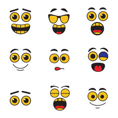 Collection of Cartoon Emotion Faces with Various Expressions. Set of cartoon emoji faces in different expressions - happy, sad, cry, fear, crazy on white background. Emoticon Icon Set. Eps 10.