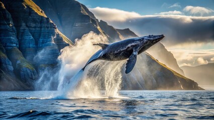 Majestic Whale Breaching in Dramatic Coastal Landscape at Sunrise