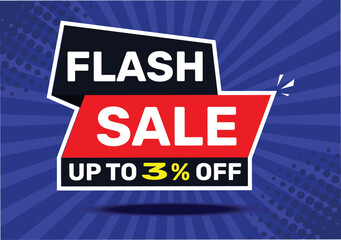 Flash sale up to 3 % off. On blue background with radial rays and blue background.
