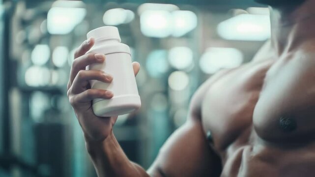 Muscular bodybuilder gripping white supplement jar, displaying toned physique near gym equipment suggesting fitness nutrition
