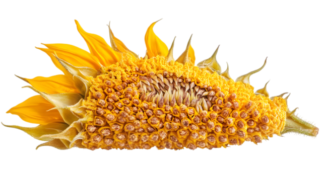 Sunflower floral overlay, bright yellow petals and seeds in detail. transparent Background, clipping path  -  