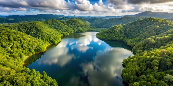 Aerial View of Calm Lake Danao, Dense Forest, Leyte, Philippines - Stunning Nature Stock Photo