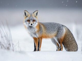 Obraz premium Lone Gray Fox Standing Gracefully in a Snowy Landscape Exploring Its Winter Habitat