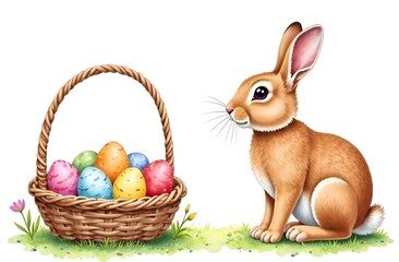 Easter brown bunny and basket with Easter eggs on green grass with flowers on white background. Copy space. Easter card. Design.