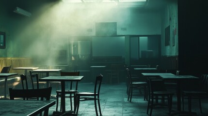 Empty caf&eacute; interior with soft light and misty ambiance