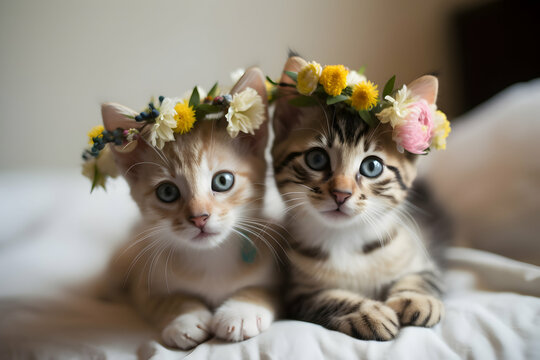 Two adorable kittens wearing flower crowns sitting together on a bed.