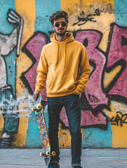 Obraz premium Stylish Young Man in Yellow Hoodie Poses With Skateboard Against Vibrant Graffiti Wall in Urban Setting