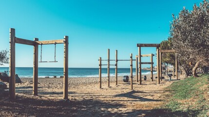 Fototapeta premium Beach Playground with Swings and Fitness Equipment by the Ocean