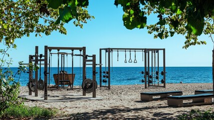 Outdoor Gym with Workout Equipment Near Sandy Beach and Ocean