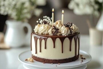 Elegant chocolate cake with decorative frosting and candles for celebration