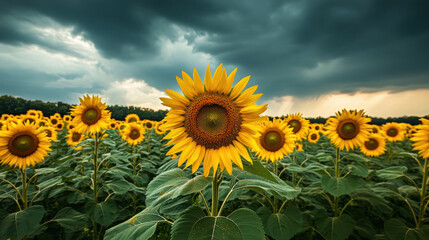 Fototapeta premium A bright sunflower field under a stormy sky, capturing the contrast between light and dark —ar 16:9 