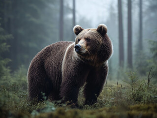 Wild Brown Bear Explores Misty Forest at Dawn in Search of Food and Shelter