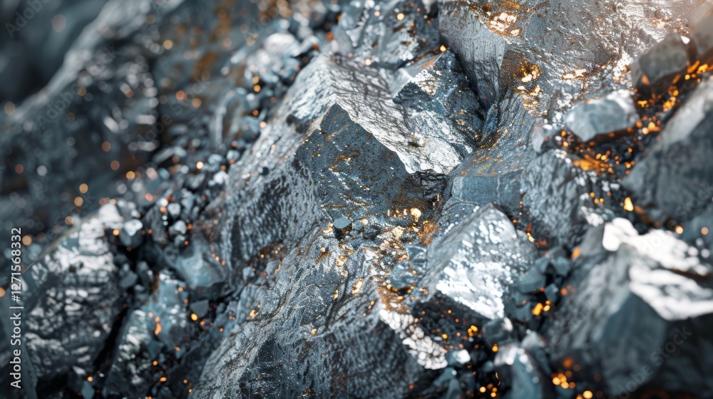 Leinwandbilder rugged rock formation displays a mix of textured surfaces and metallic minerals reflecting sunlight,