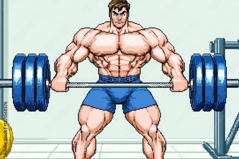 Aufkleber A 8-bit pixel art of a classic video game character lifting weights in a pixelated gym setting