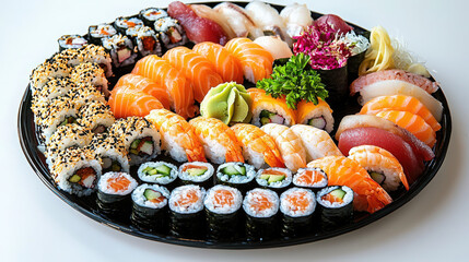 A beautifully arranged sushi platter with wasabi and ginger