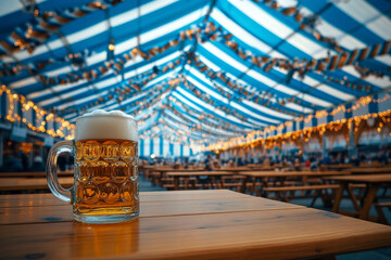 Large beer hall tent with blue and white stripes, decorated with festive lights and wooden benches