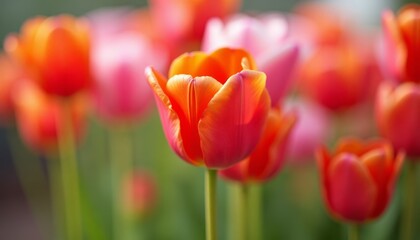 Fototapeta premium Close-up of vibrant tulips in full bloom. Spring-themed projects, gardening blogs, floral advertisements, and nature-related content.