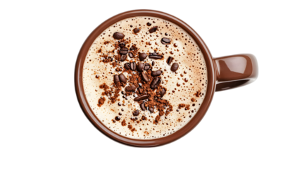 Top view of a mug with hot black coffee and foam, transparent background, clipping path  -  