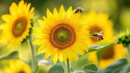 A bright sunflower field with bees buzzing around, capturing the essence of summer —ar 16:9 