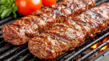 Grilled Steak Skewers with Herbs and Fresh Tomatoes on Barbecue