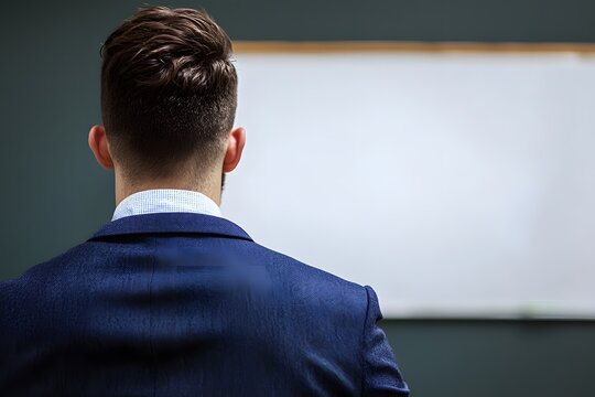 Focused Perspective: A smartly dressed businessman in a tailored suit gazes intently at a blank canvas, ready to capture and shape his vision. 