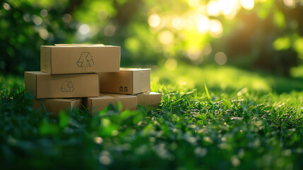 Recycling symbol made from cardboard boxes on green grass raising awareness for the environment
