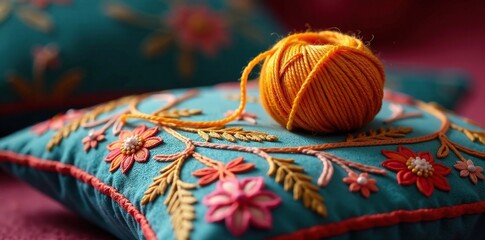 A ball of thread sits atop an embroidered pillow, art,