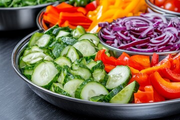 A buffet-style salad bar in a restaurant, with a variety of vegetables, proteins, and dressings