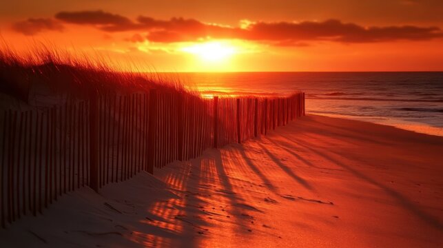 Serene Sunset over Sandy Beach with Dunes and Fencing
